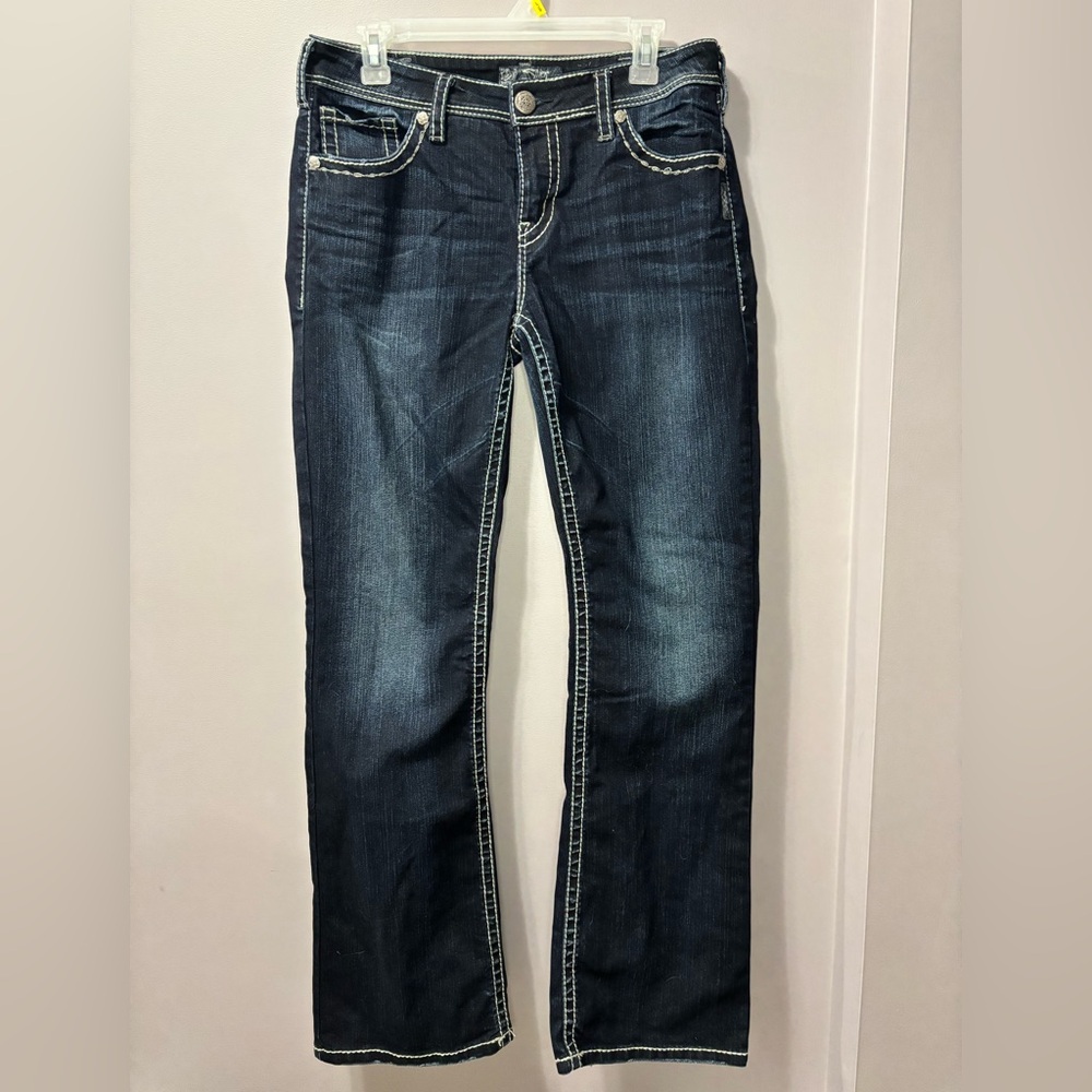 Silver Jeans Natsuki/Suki Flap Bootcut Jeans Women 32x33 Dark Wash Thick Stitch - Picture 2 of 7